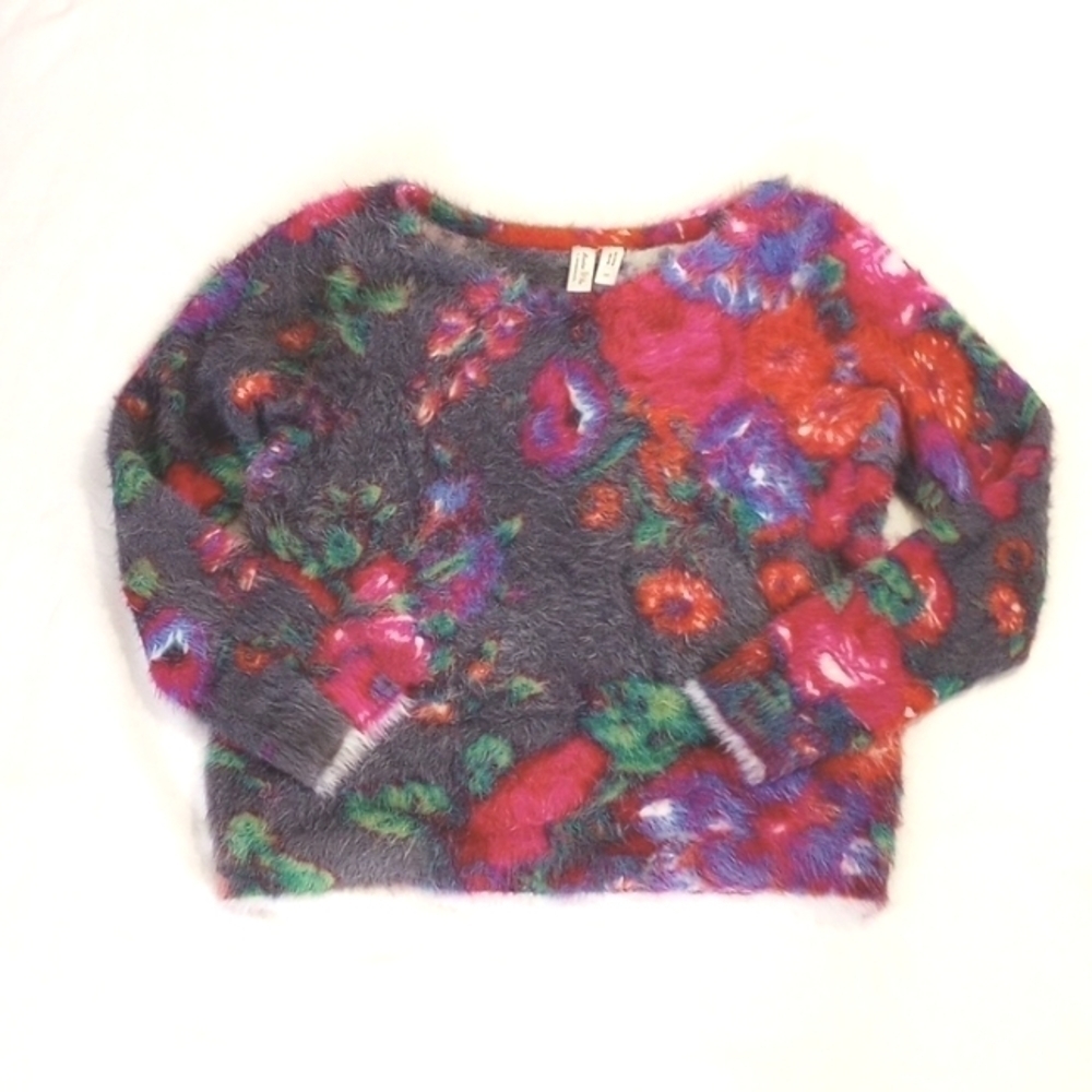 Meadow Rue Anthropologie Womens Fuzzy Sweater Sz MP Floral Pullover Furry Pink